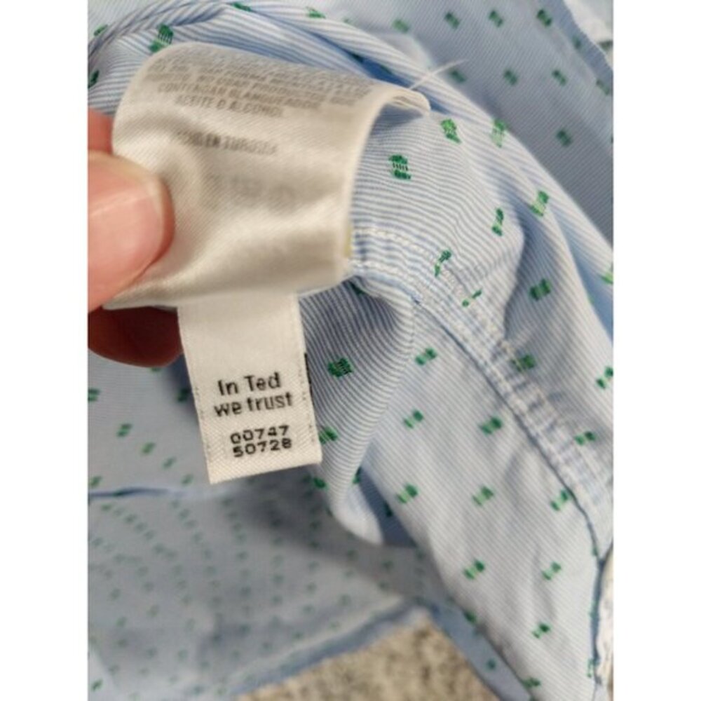 TED‎ BAKER Button Up Short Sleeve Mens Sz 6 US XL 44 Blue Stripe Dot 100% Cotton - Picture 8 of 10